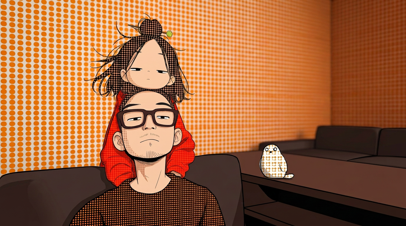 A father and daughter in halftone dot illustration style, surrounded by snowy mountains