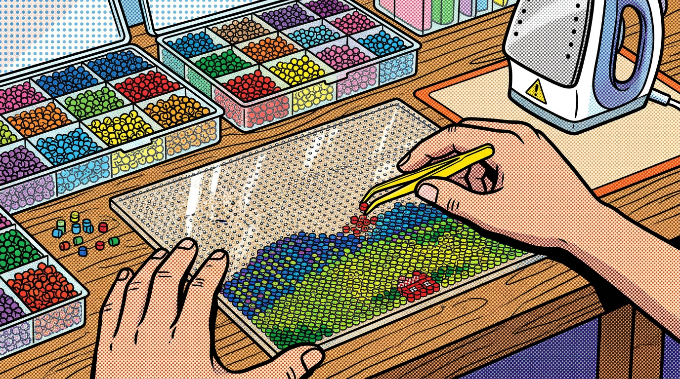 Hands placing colorful beads on a pegboard, halftone dot illustration style