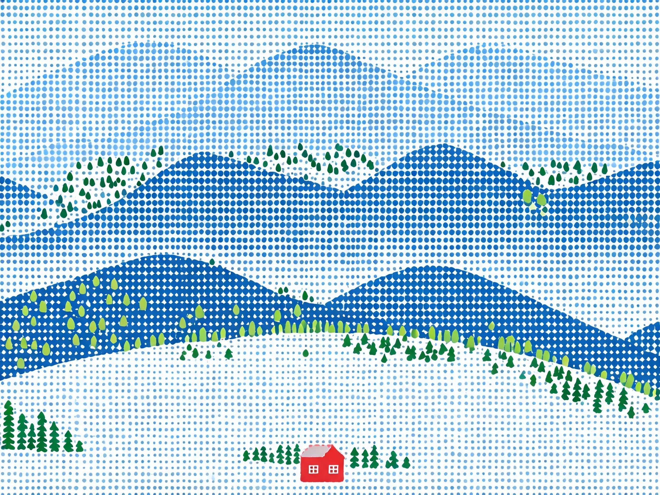 Stippled snowy mountains with red house